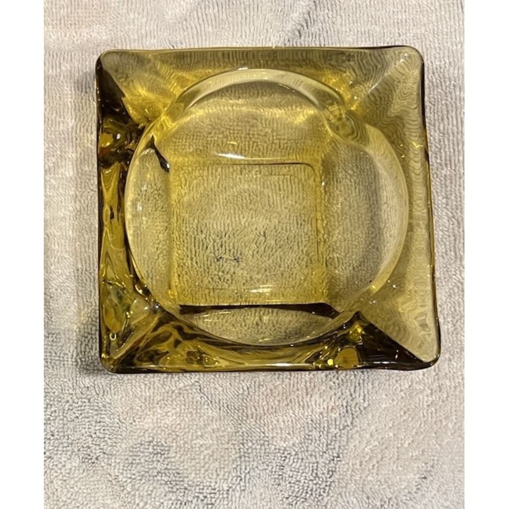 Vtg Lg Amber 6" Cigar Cigarette 4 Slot Square Glass Ashtray MCM Heavy